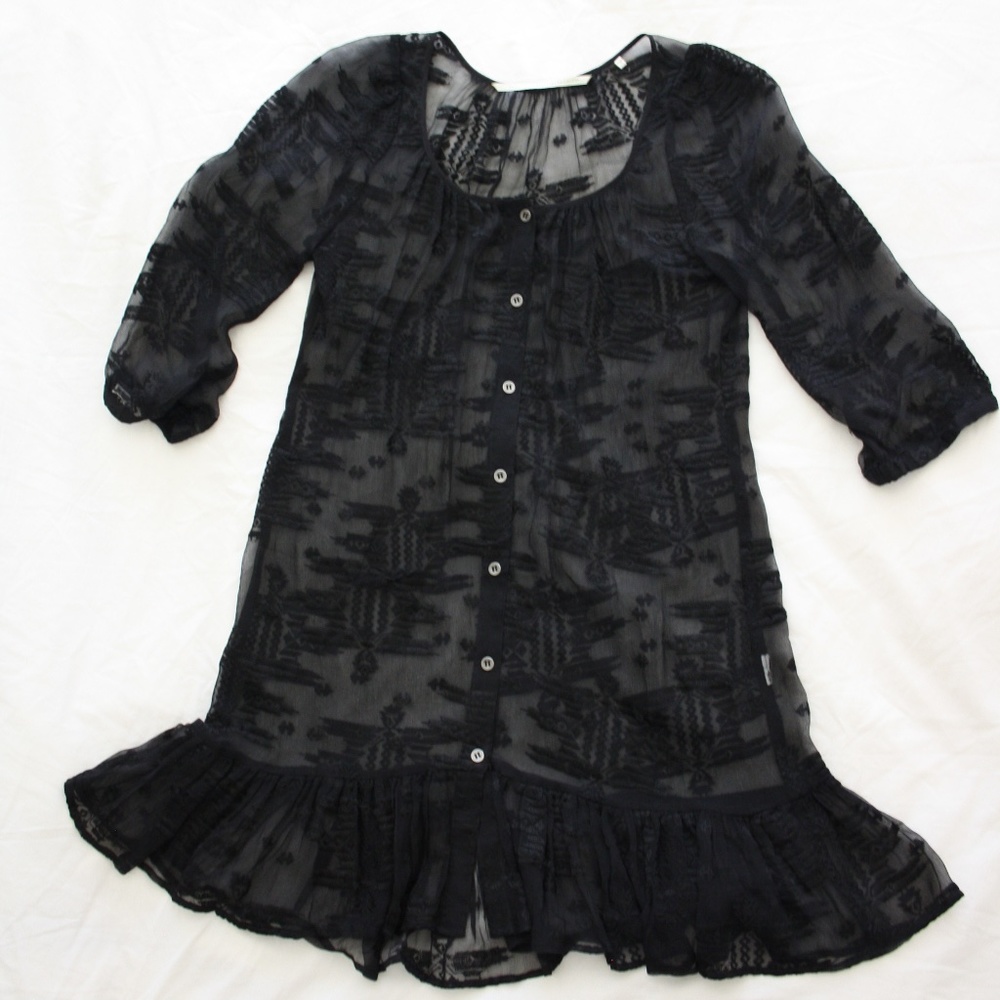 100% Silk Cynthia Vincent blk sheer ruffle dress